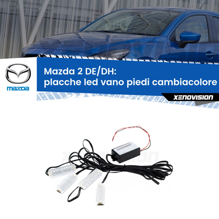 <strong>Kit placche LED cambiacolore vano piedi Mazda 2</strong> DE/DH 2007 - 2015. 4 placche <strong>Bluetooth</strong> con app Android /iOS.