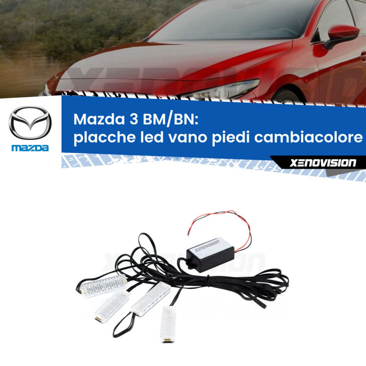 <strong>Kit placche LED cambiacolore vano piedi Mazda 3</strong> BM/BN 2013 - 2018. 4 placche <strong>Bluetooth</strong> con app Android /iOS.