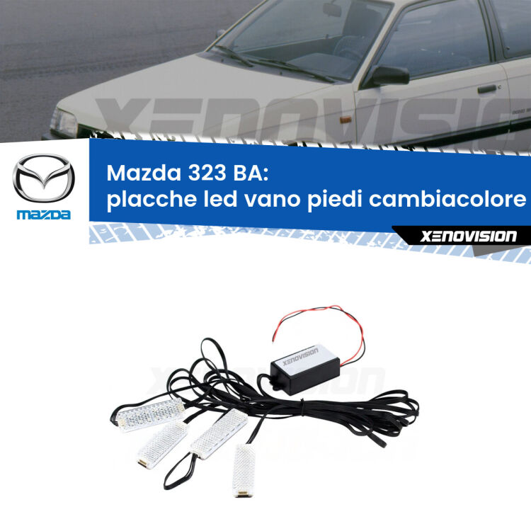 <strong>Kit placche LED cambiacolore vano piedi Mazda 323</strong> BA 1994 - 1998. 4 placche <strong>Bluetooth</strong> con app Android /iOS.