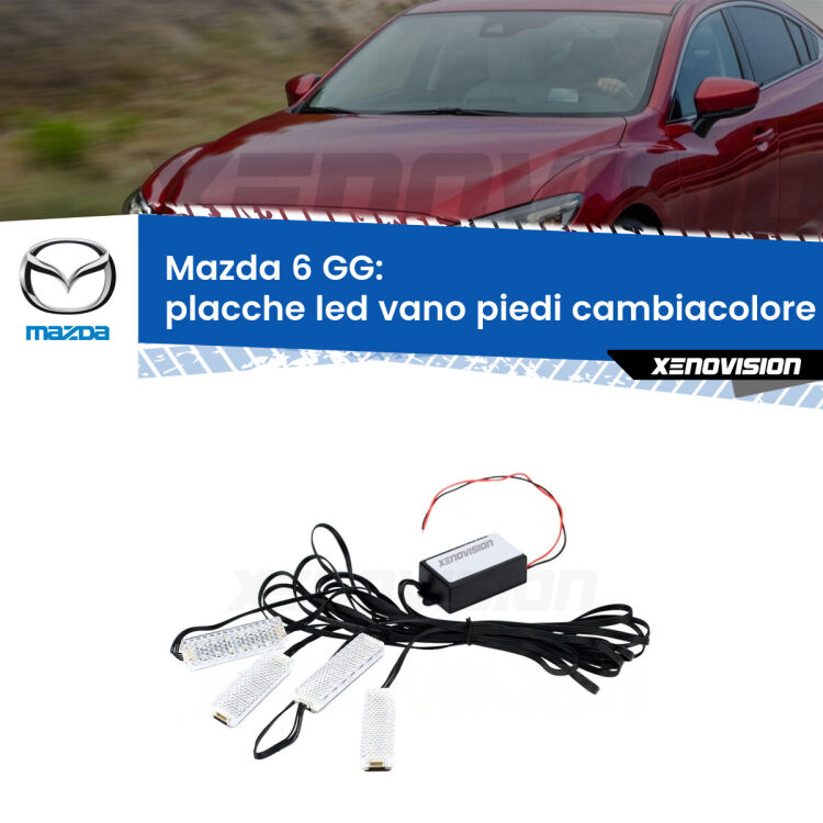 <strong>Kit placche LED cambiacolore vano piedi Mazda 6</strong> GG 2002 - 2007. 4 placche <strong>Bluetooth</strong> con app Android /iOS.