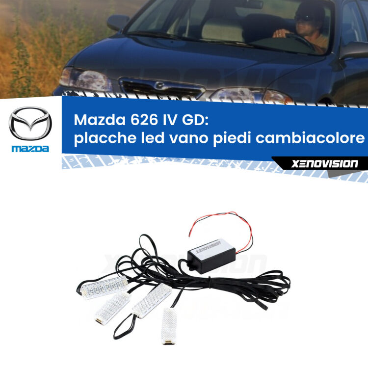 <strong>Kit placche LED cambiacolore vano piedi Mazda 626 IV</strong> GD 1987 - 1992. 4 placche <strong>Bluetooth</strong> con app Android /iOS.