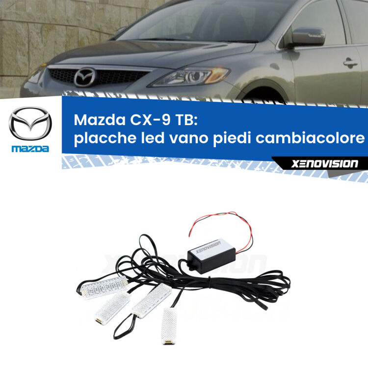 <strong>Kit placche LED cambiacolore vano piedi Mazda CX-9</strong> TB 2006 - 2015. 4 placche <strong>Bluetooth</strong> con app Android /iOS.