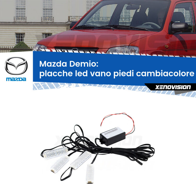 <strong>Kit placche LED cambiacolore vano piedi Mazda Demio</strong>  1998 - 2003. 4 placche <strong>Bluetooth</strong> con app Android /iOS.