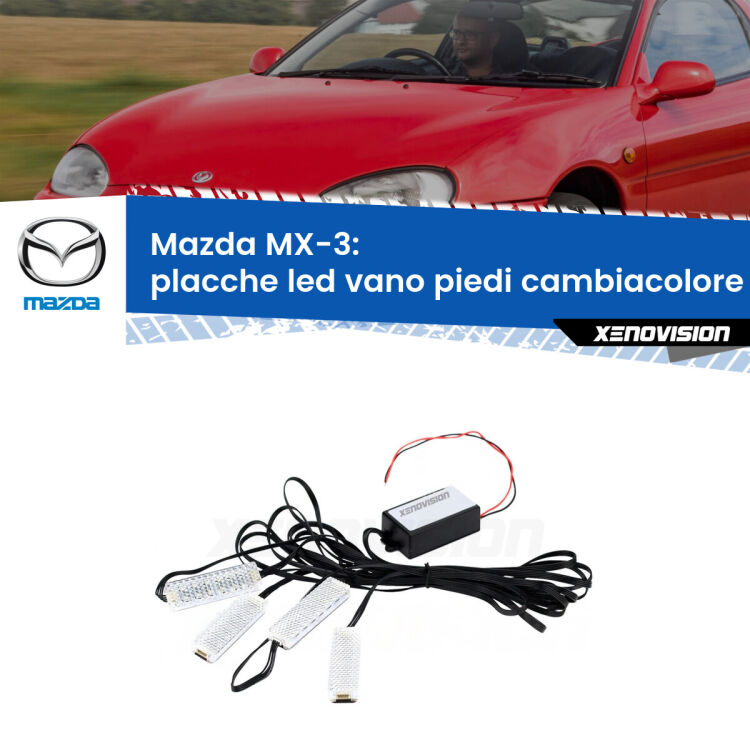 <strong>Kit placche LED cambiacolore vano piedi Mazda MX-3</strong>  1991 - 1998. 4 placche <strong>Bluetooth</strong> con app Android /iOS.