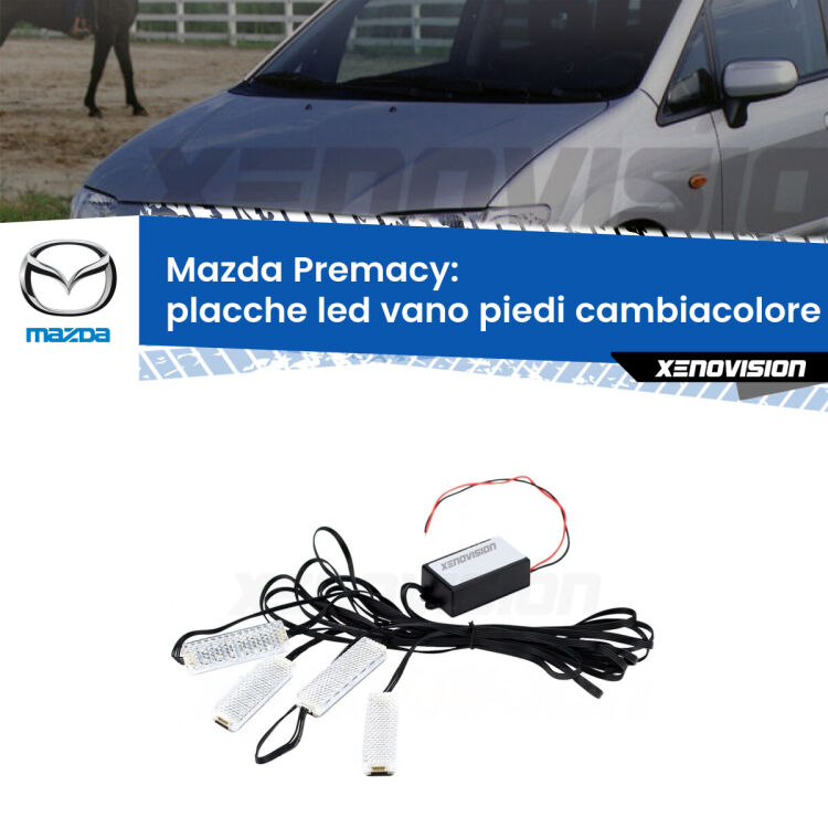 <strong>Kit placche LED cambiacolore vano piedi Mazda Premacy</strong>  1999 - 2005. 4 placche <strong>Bluetooth</strong> con app Android /iOS.