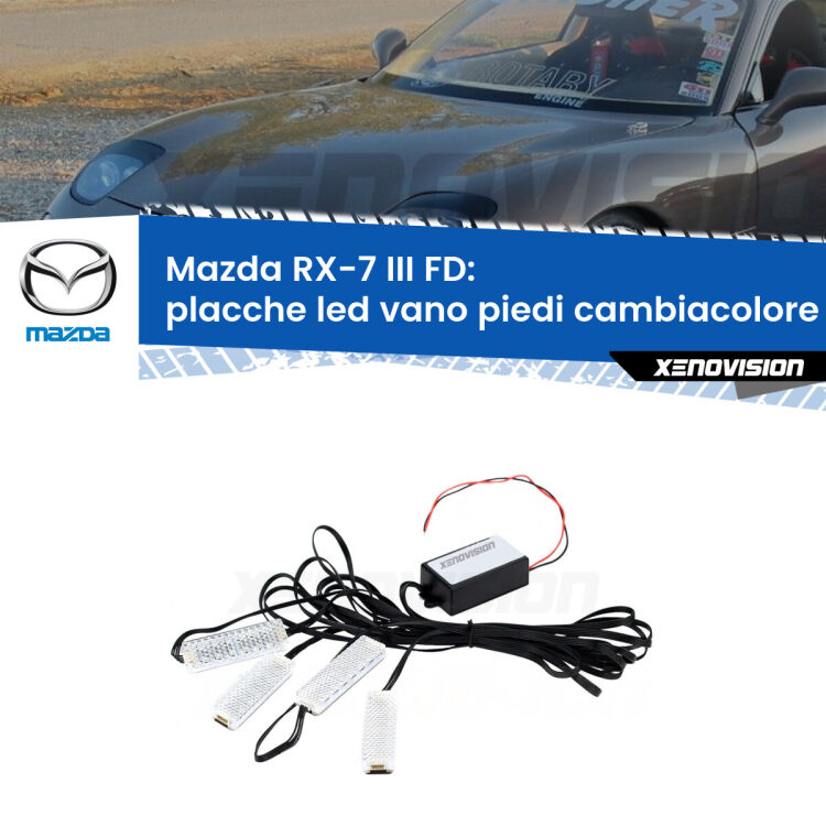 <strong>Kit placche LED cambiacolore vano piedi Mazda RX-7 III</strong> FD 1992 - 2002. 4 placche <strong>Bluetooth</strong> con app Android /iOS.