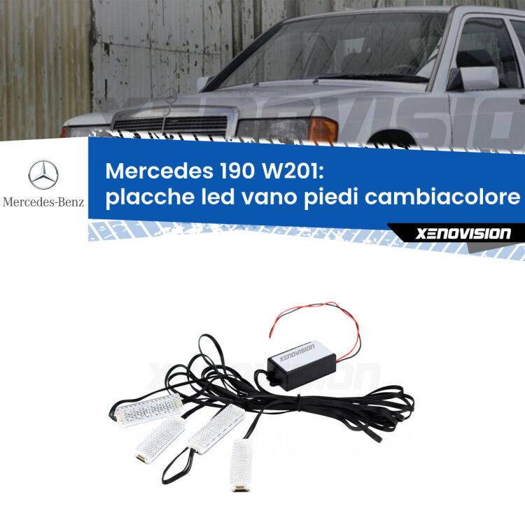 <strong>Kit placche LED cambiacolore vano piedi Mercedes 190</strong> W201 1982 - 1993. 4 placche <strong>Bluetooth</strong> con app Android /iOS.