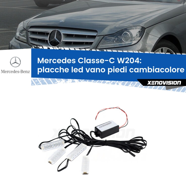 <strong>Kit placche LED cambiacolore vano piedi Mercedes Classe-C</strong> W204 2007 - 2014. 4 placche <strong>Bluetooth</strong> con app Android /iOS.