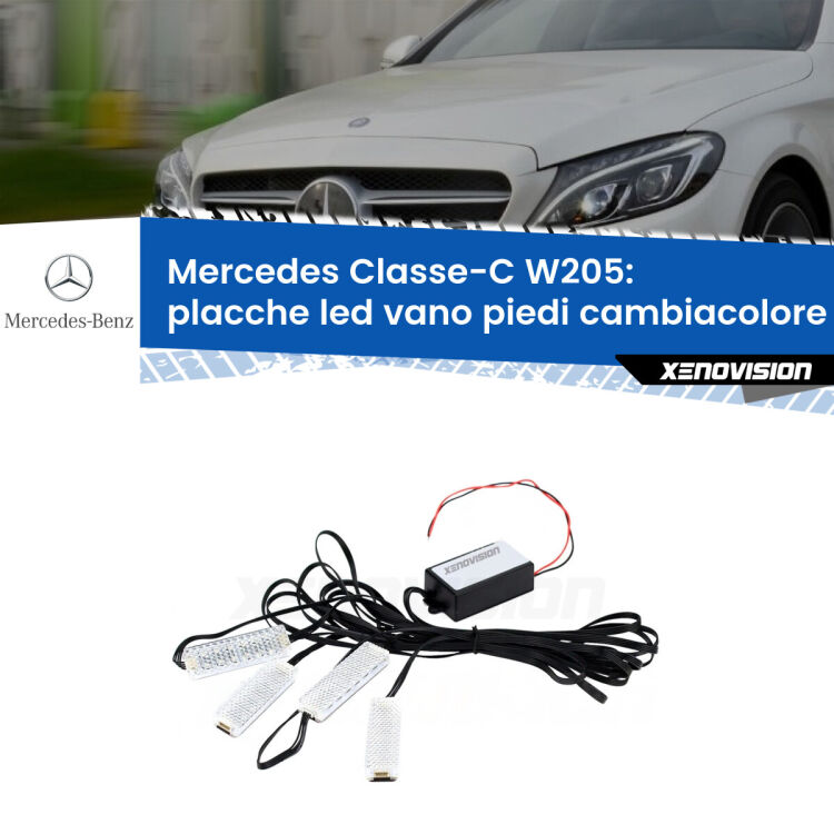 <strong>Kit placche LED cambiacolore vano piedi Mercedes Classe-C</strong> W205 2014 - 2021. 4 placche <strong>Bluetooth</strong> con app Android /iOS.