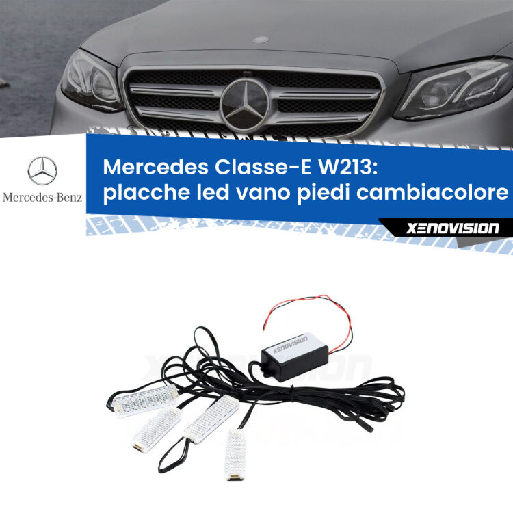 <strong>Kit placche LED cambiacolore vano piedi Mercedes Classe-E</strong> W213 2016 - 2018. 4 placche <strong>Bluetooth</strong> con app Android /iOS.