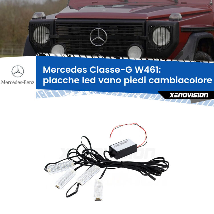 <strong>Kit placche LED cambiacolore vano piedi Mercedes Classe-G</strong> W461 1990 - 2000. 4 placche <strong>Bluetooth</strong> con app Android /iOS.