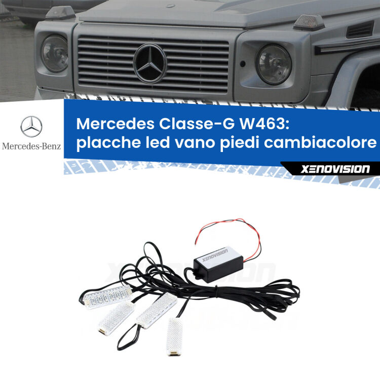 <strong>Kit placche LED cambiacolore vano piedi Mercedes Classe-G</strong> W463 1991 - 2004. 4 placche <strong>Bluetooth</strong> con app Android /iOS.