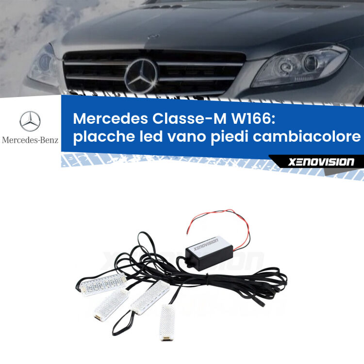 <strong>Kit placche LED cambiacolore vano piedi Mercedes Classe-M</strong> W166 2011 - 2015. 4 placche <strong>Bluetooth</strong> con app Android /iOS.