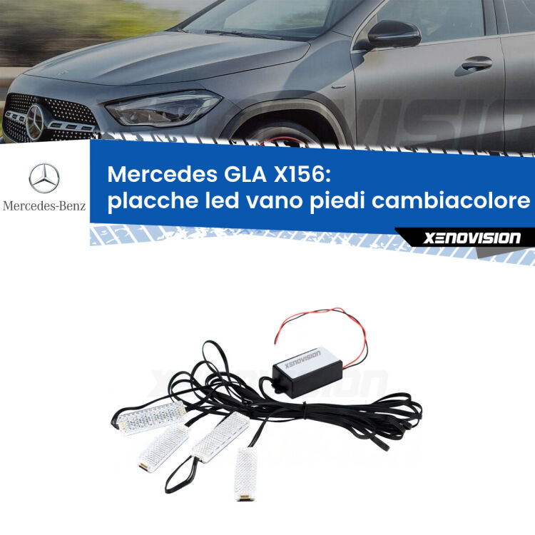 <strong>Kit placche LED cambiacolore vano piedi Mercedes GLA</strong> X156 2013 in poi. 4 placche <strong>Bluetooth</strong> con app Android /iOS.