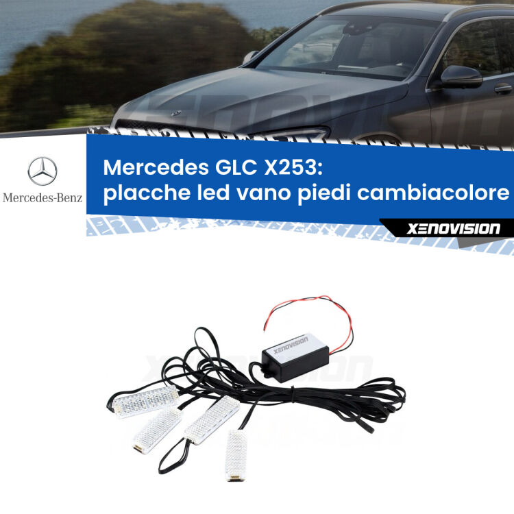 <strong>Kit placche LED cambiacolore vano piedi Mercedes GLC</strong> X253 2015 - 2021. 4 placche <strong>Bluetooth</strong> con app Android /iOS.