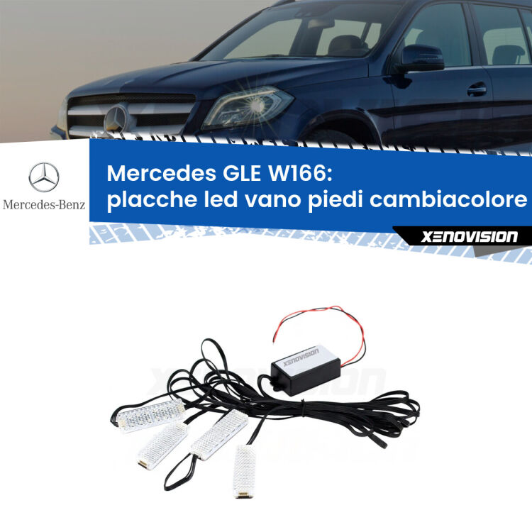 <strong>Kit placche LED cambiacolore vano piedi Mercedes GLE</strong> W166 2015 - 2018. 4 placche <strong>Bluetooth</strong> con app Android /iOS.