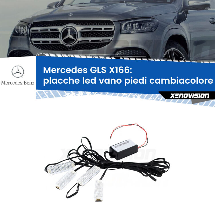 <strong>Kit placche LED cambiacolore vano piedi Mercedes GLS</strong> X166 2015 - 2019. 4 placche <strong>Bluetooth</strong> con app Android /iOS.