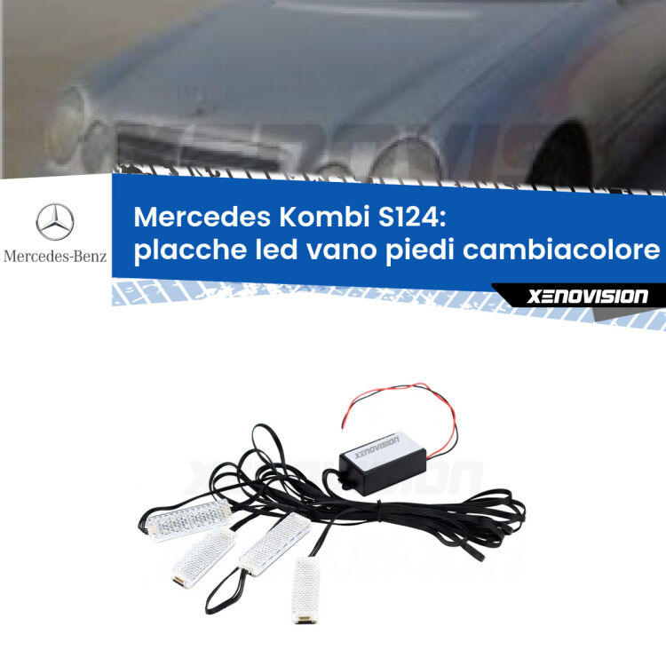 <strong>Kit placche LED cambiacolore vano piedi Mercedes Kombi</strong> S124 1985 - 1993. 4 placche <strong>Bluetooth</strong> con app Android /iOS.