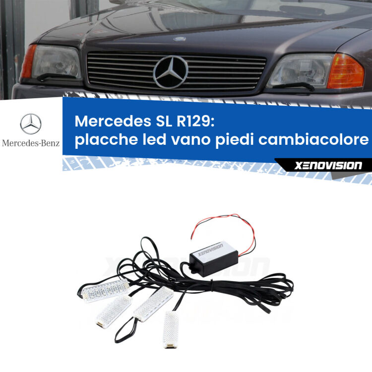 <strong>Kit placche LED cambiacolore vano piedi Mercedes SL</strong> R129 1989 - 2001. 4 placche <strong>Bluetooth</strong> con app Android /iOS.