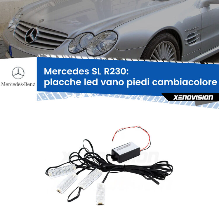 <strong>Kit placche LED cambiacolore vano piedi Mercedes SL</strong> R230 2001 - 2012. 4 placche <strong>Bluetooth</strong> con app Android /iOS.