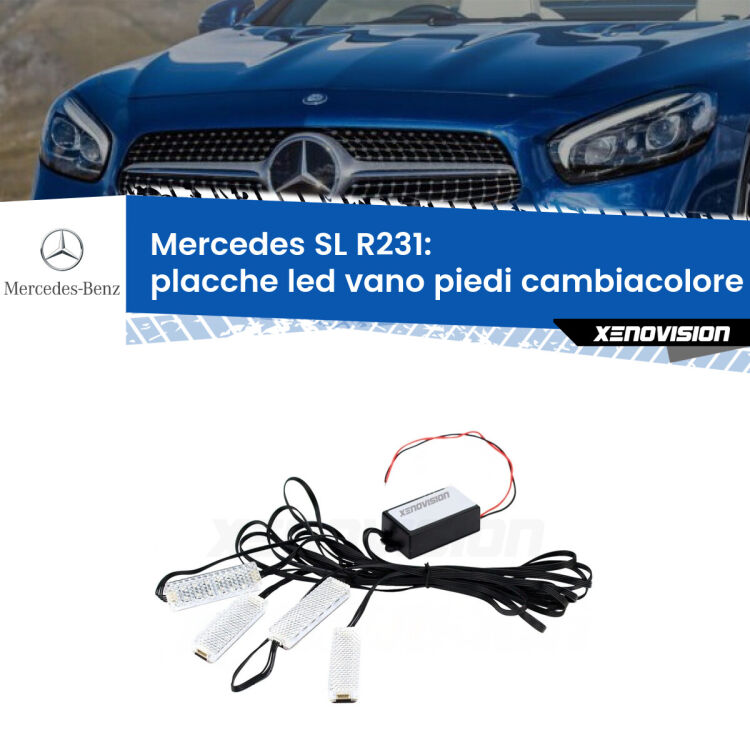 <strong>Kit placche LED cambiacolore vano piedi Mercedes SL</strong> R231 2012 in poi. 4 placche <strong>Bluetooth</strong> con app Android /iOS.