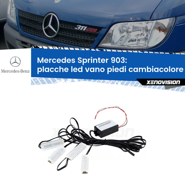 <strong>Kit placche LED cambiacolore vano piedi Mercedes Sprinter</strong> 903 1995 - 2006. 4 placche <strong>Bluetooth</strong> con app Android /iOS.