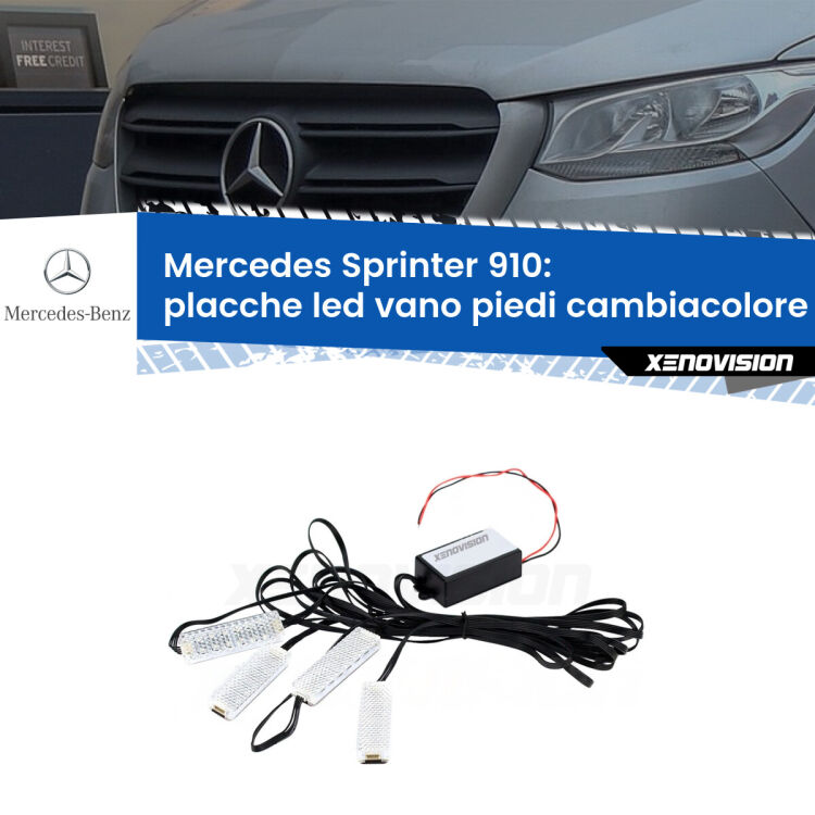 <strong>Kit placche LED cambiacolore vano piedi Mercedes Sprinter</strong> 910 2018 in poi. 4 placche <strong>Bluetooth</strong> con app Android /iOS.