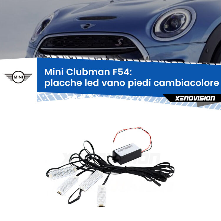 <strong>Kit placche LED cambiacolore vano piedi Mini Clubman</strong> F54 2014 - 2019. 4 placche <strong>Bluetooth</strong> con app Android /iOS.