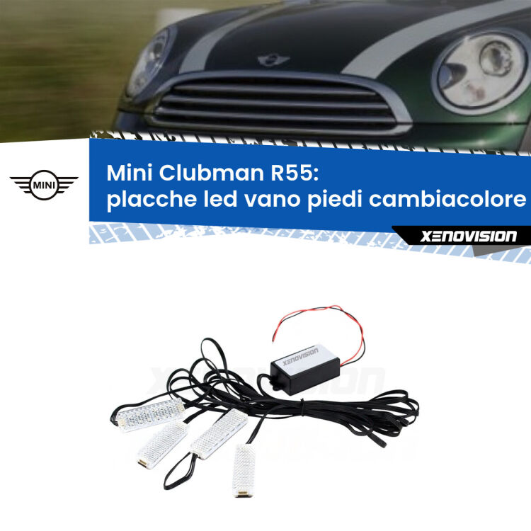 <strong>Kit placche LED cambiacolore vano piedi Mini Clubman</strong> R55 2007 - 2014. 4 placche <strong>Bluetooth</strong> con app Android /iOS.