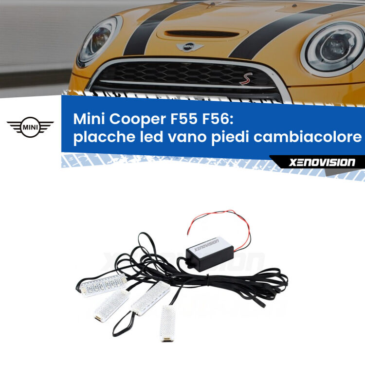 <strong>Kit placche LED cambiacolore vano piedi Mini Cooper</strong> F55 F56 2013 - 2017. 4 placche <strong>Bluetooth</strong> con app Android /iOS.