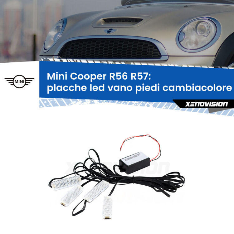 <strong>Kit placche LED cambiacolore vano piedi Mini Cooper</strong> R56 R57 2006 - 2013. 4 placche <strong>Bluetooth</strong> con app Android /iOS.