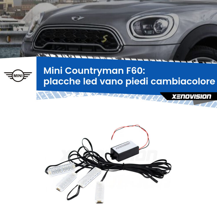 <strong>Kit placche LED cambiacolore vano piedi Mini Countryman</strong> F60 2016 - 2019. 4 placche <strong>Bluetooth</strong> con app Android /iOS.