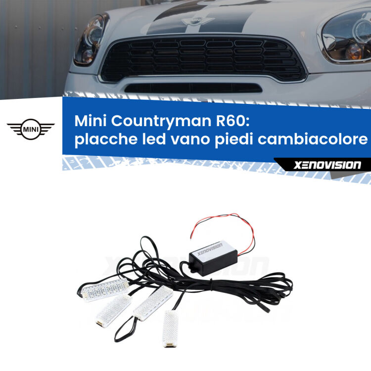 <strong>Kit placche LED cambiacolore vano piedi Mini Countryman</strong> R60 2010 - 2016. 4 placche <strong>Bluetooth</strong> con app Android /iOS.