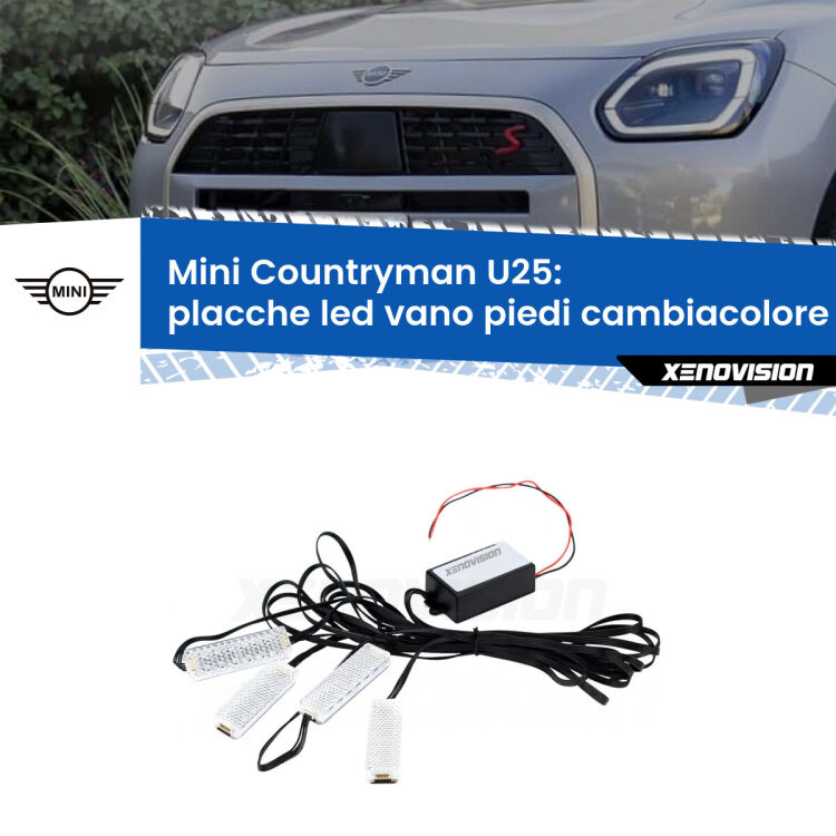 <strong>Kit placche LED cambiacolore vano piedi Mini Countryman</strong> U25 2023 in poi. 4 placche <strong>Bluetooth</strong> con app Android /iOS.