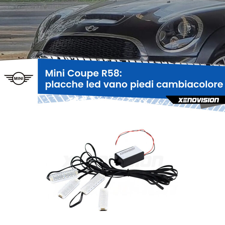 <strong>Kit placche LED cambiacolore vano piedi Mini Coupe</strong> R58 2011 - 2015. 4 placche <strong>Bluetooth</strong> con app Android /iOS.