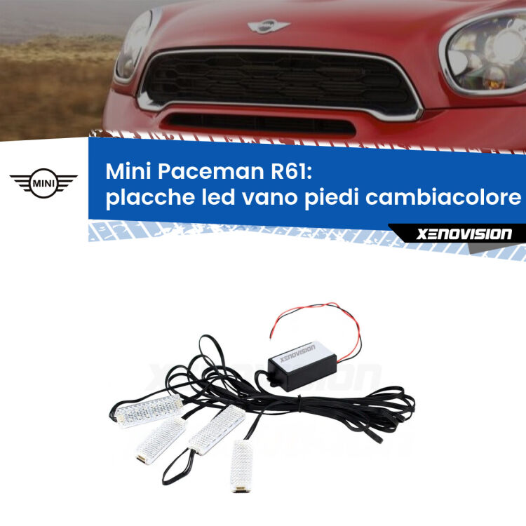 <strong>Kit placche LED cambiacolore vano piedi Mini Paceman</strong> R61 2012 - 2016. 4 placche <strong>Bluetooth</strong> con app Android /iOS.