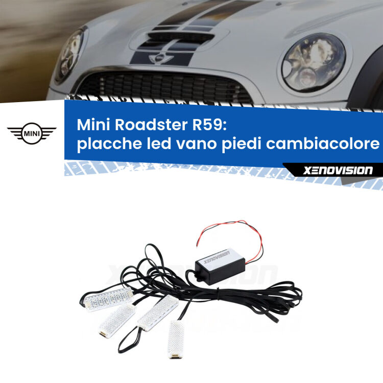 <strong>Kit placche LED cambiacolore vano piedi Mini Roadster</strong> R59 2012 - 2015. 4 placche <strong>Bluetooth</strong> con app Android /iOS.