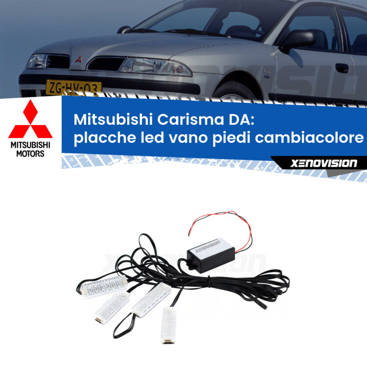 <strong>Kit placche LED cambiacolore vano piedi Mitsubishi Carisma</strong> DA 1995 - 2006. 4 placche <strong>Bluetooth</strong> con app Android /iOS.