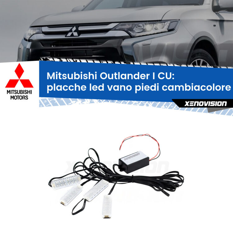 <strong>Kit placche LED cambiacolore vano piedi Mitsubishi Outlander I</strong> CU 2001 - 2006. 4 placche <strong>Bluetooth</strong> con app Android /iOS.