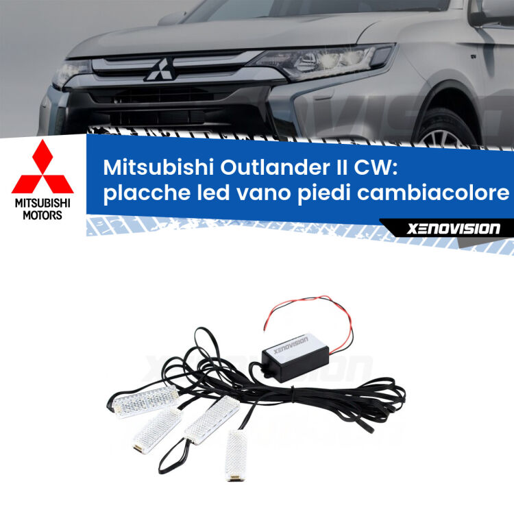 <strong>Kit placche LED cambiacolore vano piedi Mitsubishi Outlander II</strong> CW 2006 - 2012. 4 placche <strong>Bluetooth</strong> con app Android /iOS.