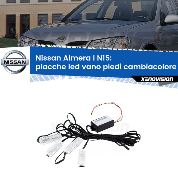 <strong>Kit placche LED cambiacolore vano piedi Nissan Almera I</strong> N15 1995 - 2000. 4 placche <strong>Bluetooth</strong> con app Android /iOS.