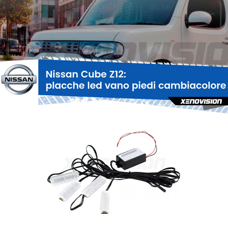 <strong>Kit placche LED cambiacolore vano piedi Nissan Cube</strong> Z12 2008 - 2012. 4 placche <strong>Bluetooth</strong> con app Android /iOS.