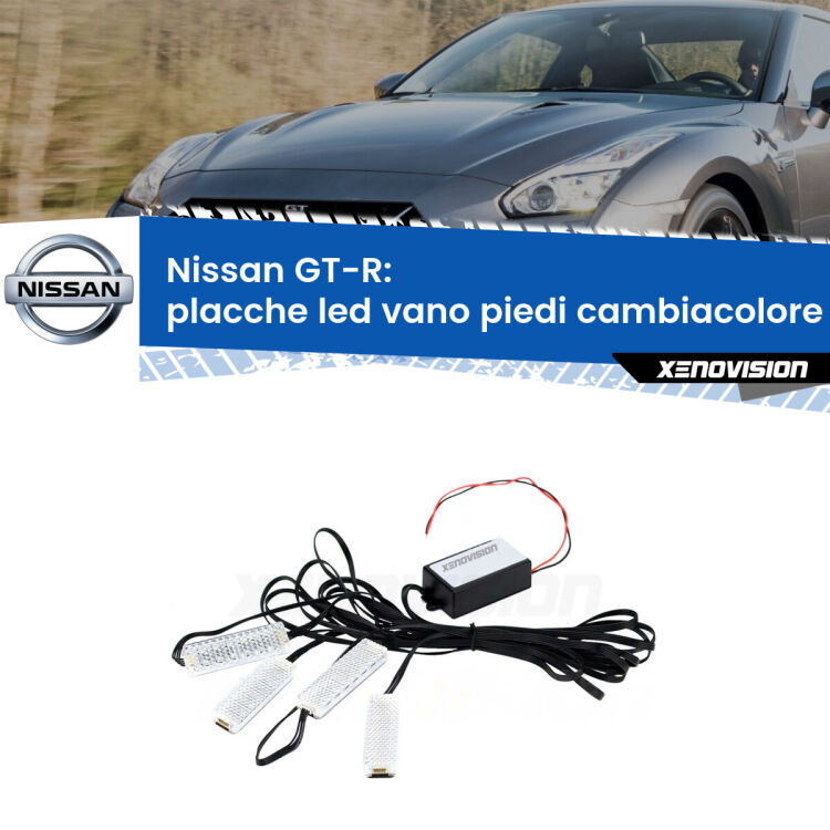 <strong>Kit placche LED cambiacolore vano piedi Nissan GT-R</strong>  2007 in poi. 4 placche <strong>Bluetooth</strong> con app Android /iOS.