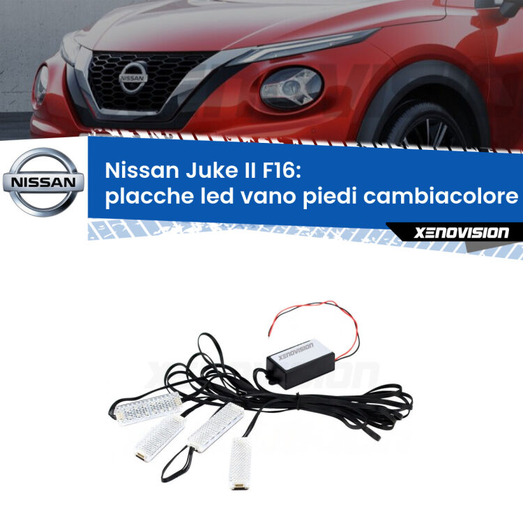 <strong>Kit placche LED cambiacolore vano piedi Nissan Juke II</strong> F16 2019 in poi. 4 placche <strong>Bluetooth</strong> con app Android /iOS.