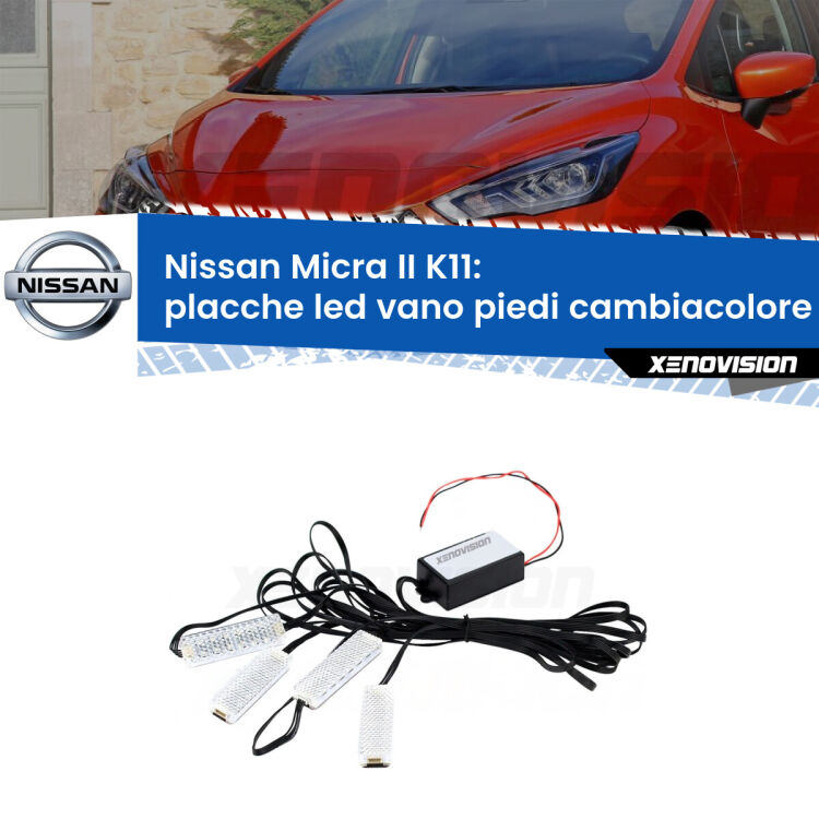 <strong>Kit placche LED cambiacolore vano piedi Nissan Micra II</strong> K11 1992 - 2003. 4 placche <strong>Bluetooth</strong> con app Android /iOS.