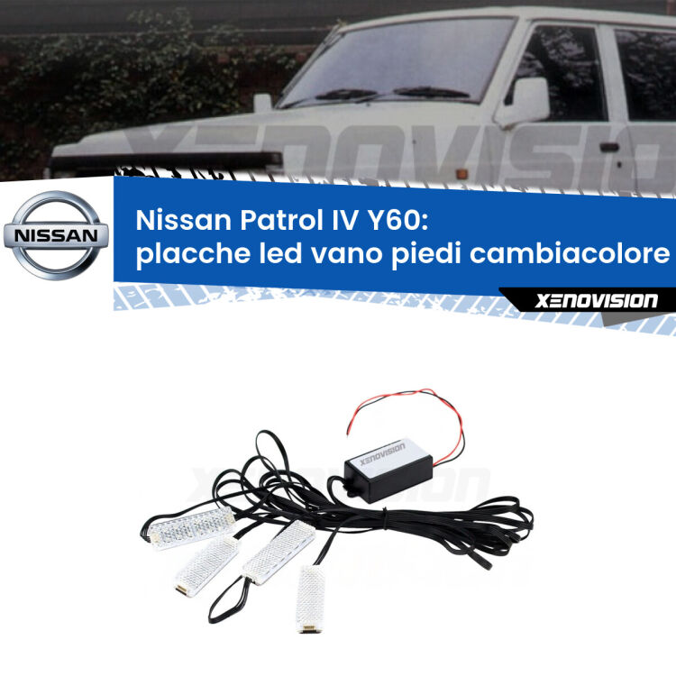 <strong>Kit placche LED cambiacolore vano piedi Nissan Patrol IV</strong> Y60 1988 - 1997. 4 placche <strong>Bluetooth</strong> con app Android /iOS.