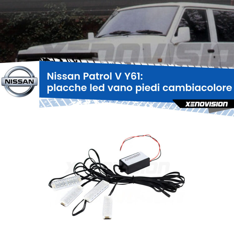 <strong>Kit placche LED cambiacolore vano piedi Nissan Patrol V</strong> Y61 1997 - 2009. 4 placche <strong>Bluetooth</strong> con app Android /iOS.