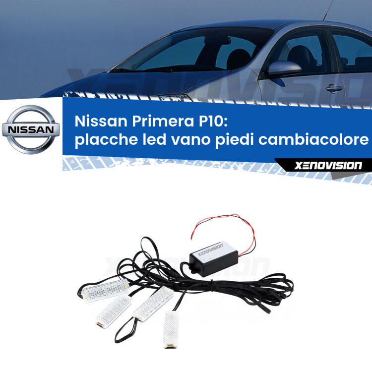 <strong>Kit placche LED cambiacolore vano piedi Nissan Primera</strong> P10 1990 - 1996. 4 placche <strong>Bluetooth</strong> con app Android /iOS.