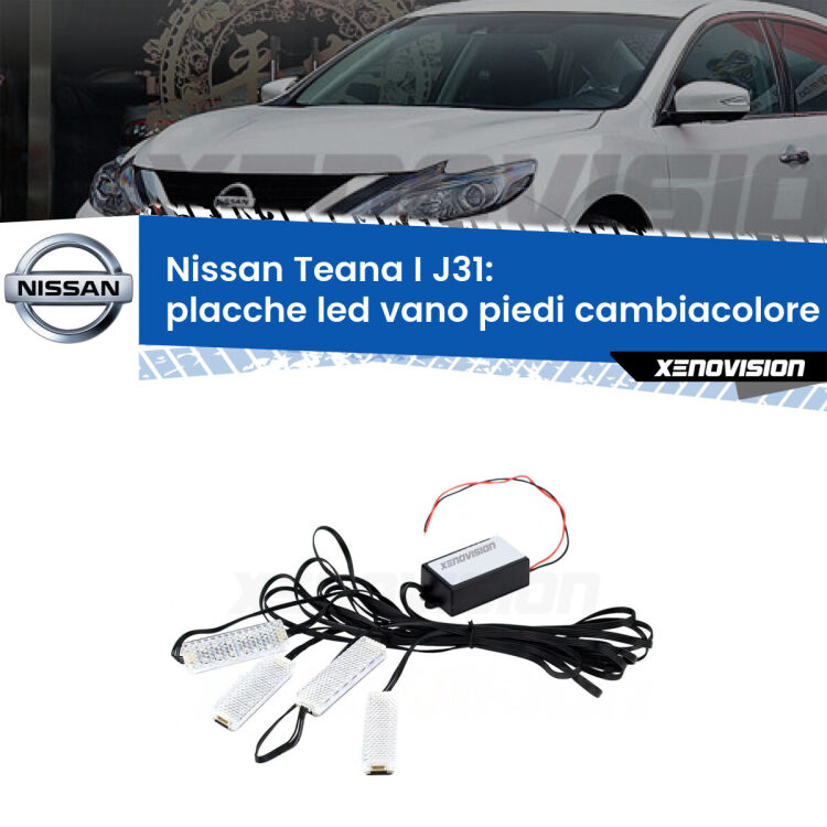 <strong>Kit placche LED cambiacolore vano piedi Nissan Teana I</strong> J31 2003 - 2008. 4 placche <strong>Bluetooth</strong> con app Android /iOS.