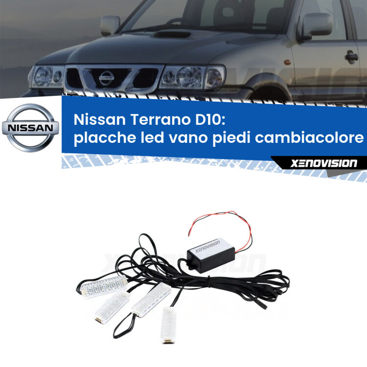 <strong>Kit placche LED cambiacolore vano piedi Nissan Terrano</strong> D10 2013 in poi. 4 placche <strong>Bluetooth</strong> con app Android /iOS.